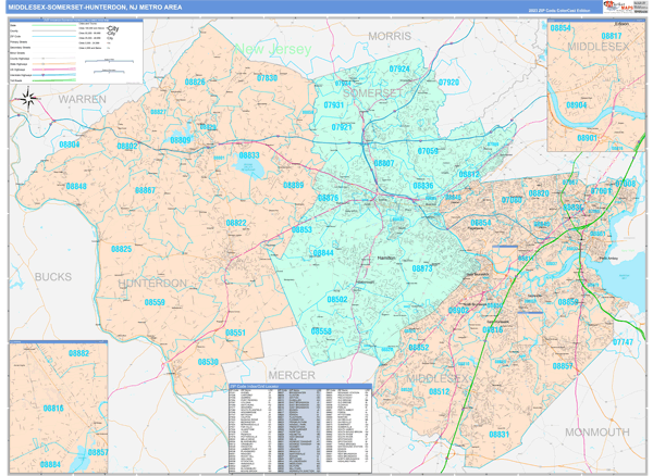 Middlesex-Somerset-Hunterdon Metro Area Digital Map Color Cast Style